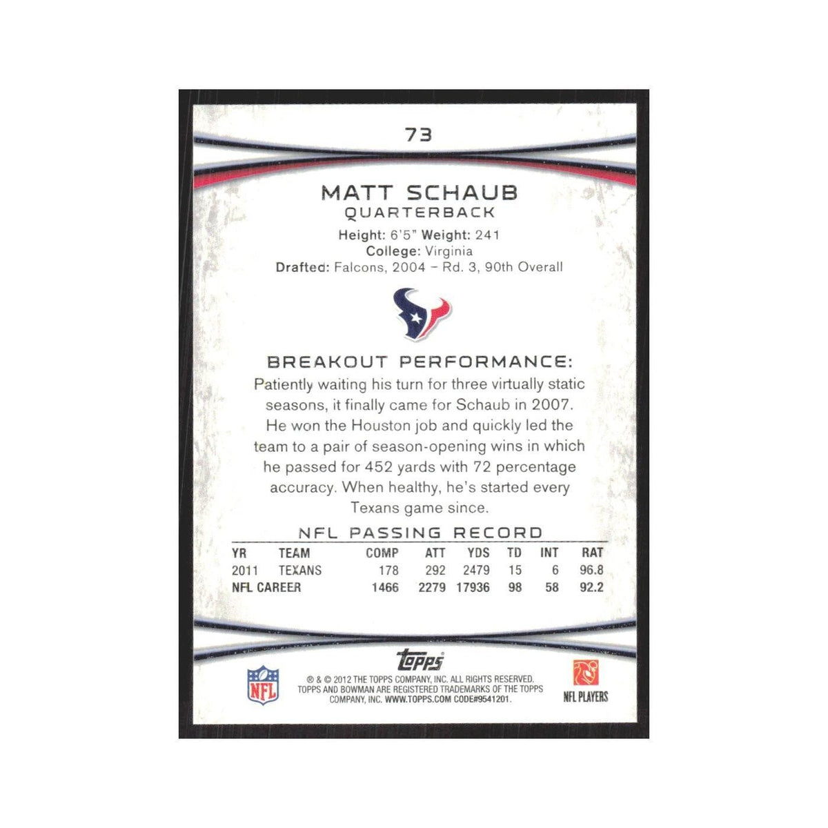 2012 Bowman Matt Schaub Texans #73