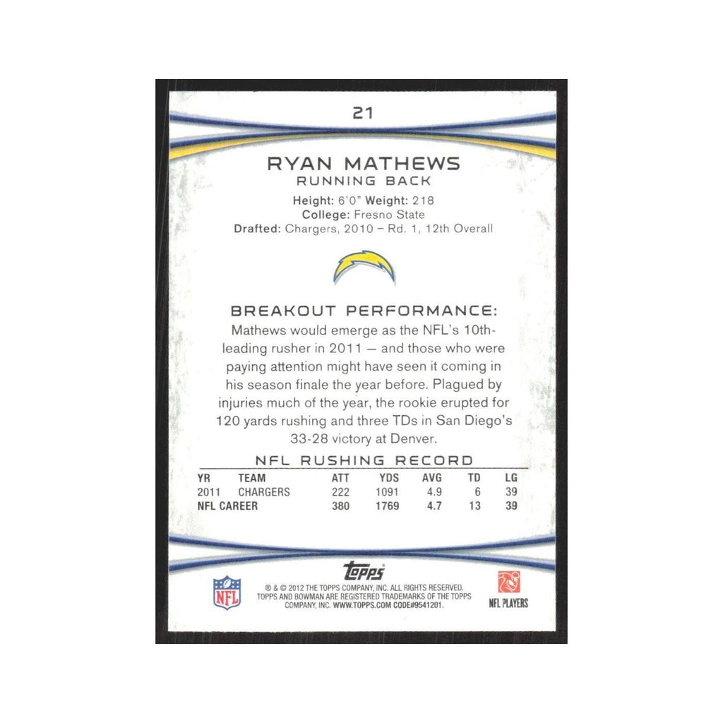 2012 Bowman Ryan Mathews San Diego Chargers #21
