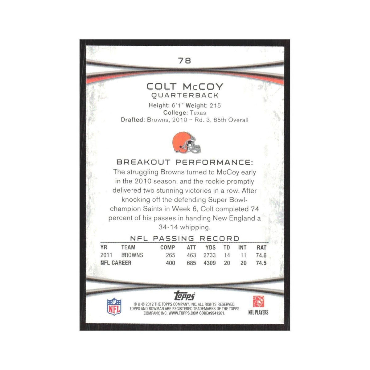 2012 Bowman Colt McCoy Browns #78