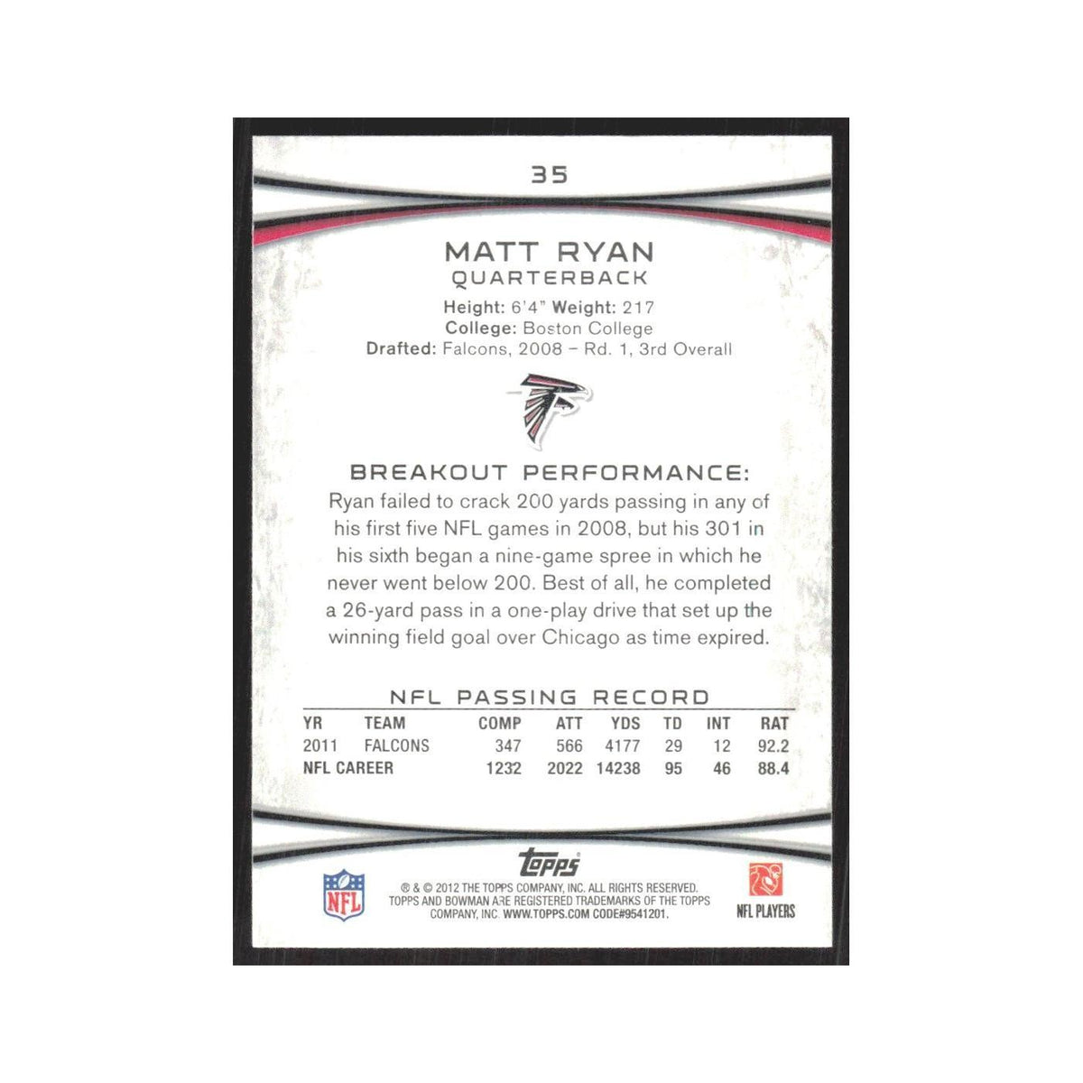 2012 Bowman Matt Ryan Falcons #35