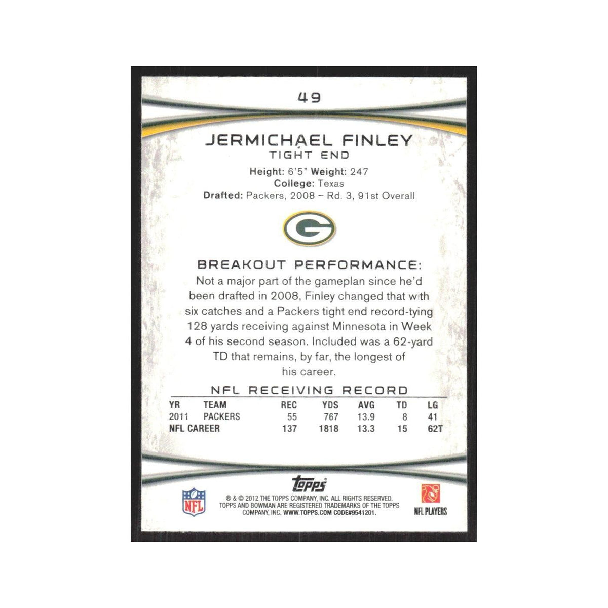2012 Bowman Jermichael Finley Packers #49