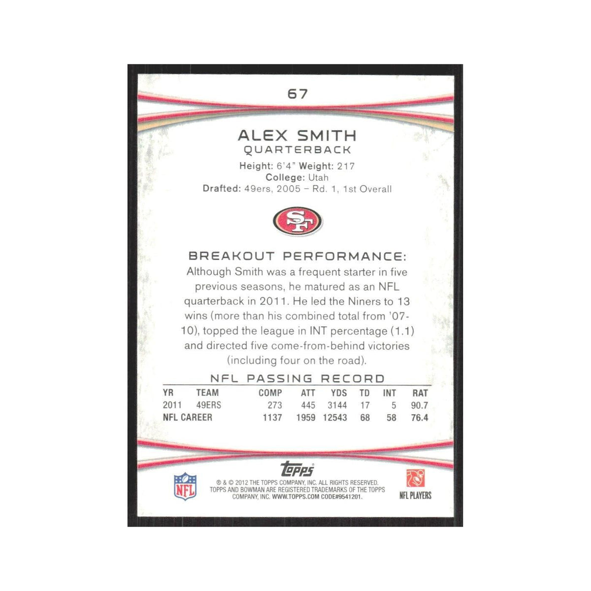2012 Bowman Alex Smith 49ers #67