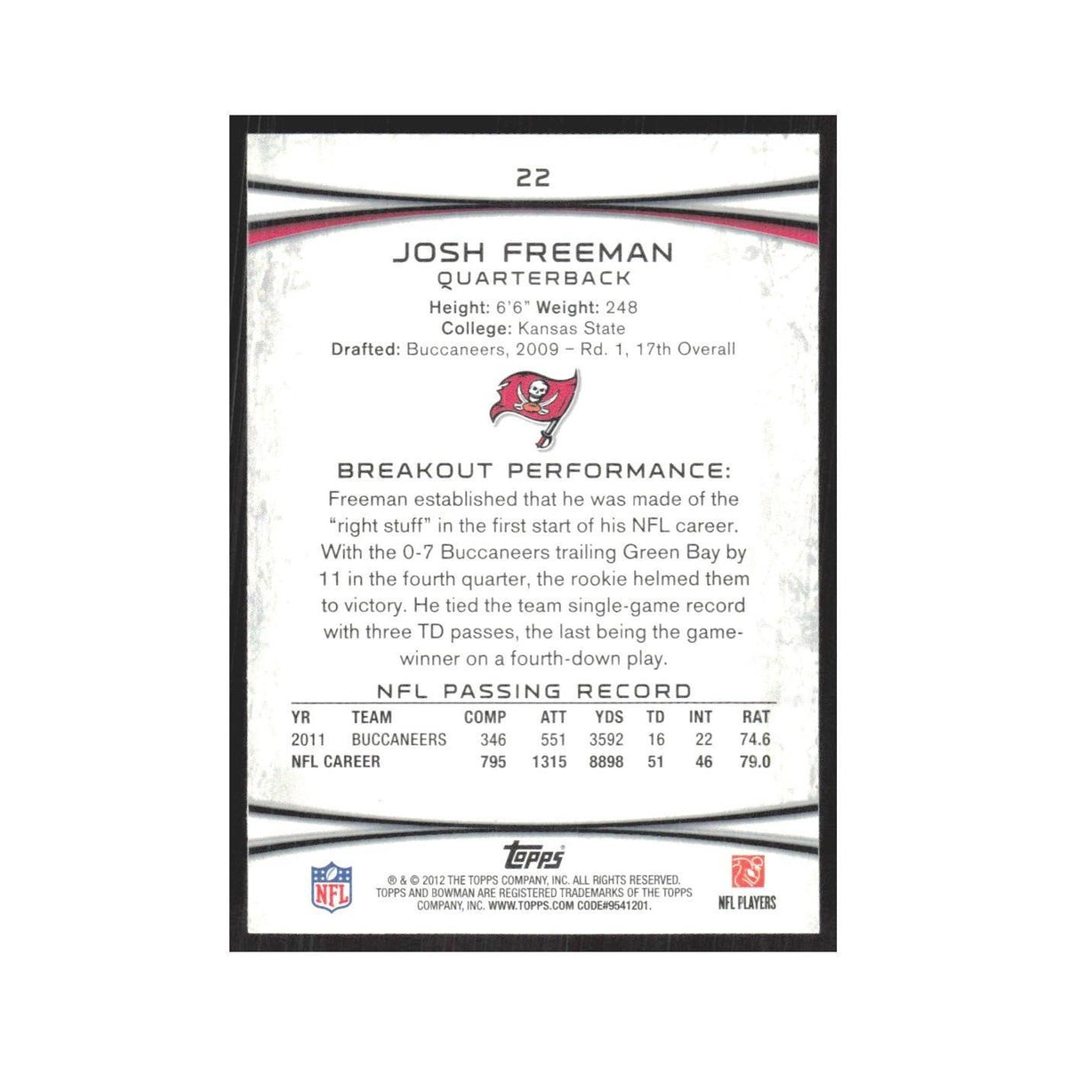 2012 Bowman Josh Freeman Buccaneers #22