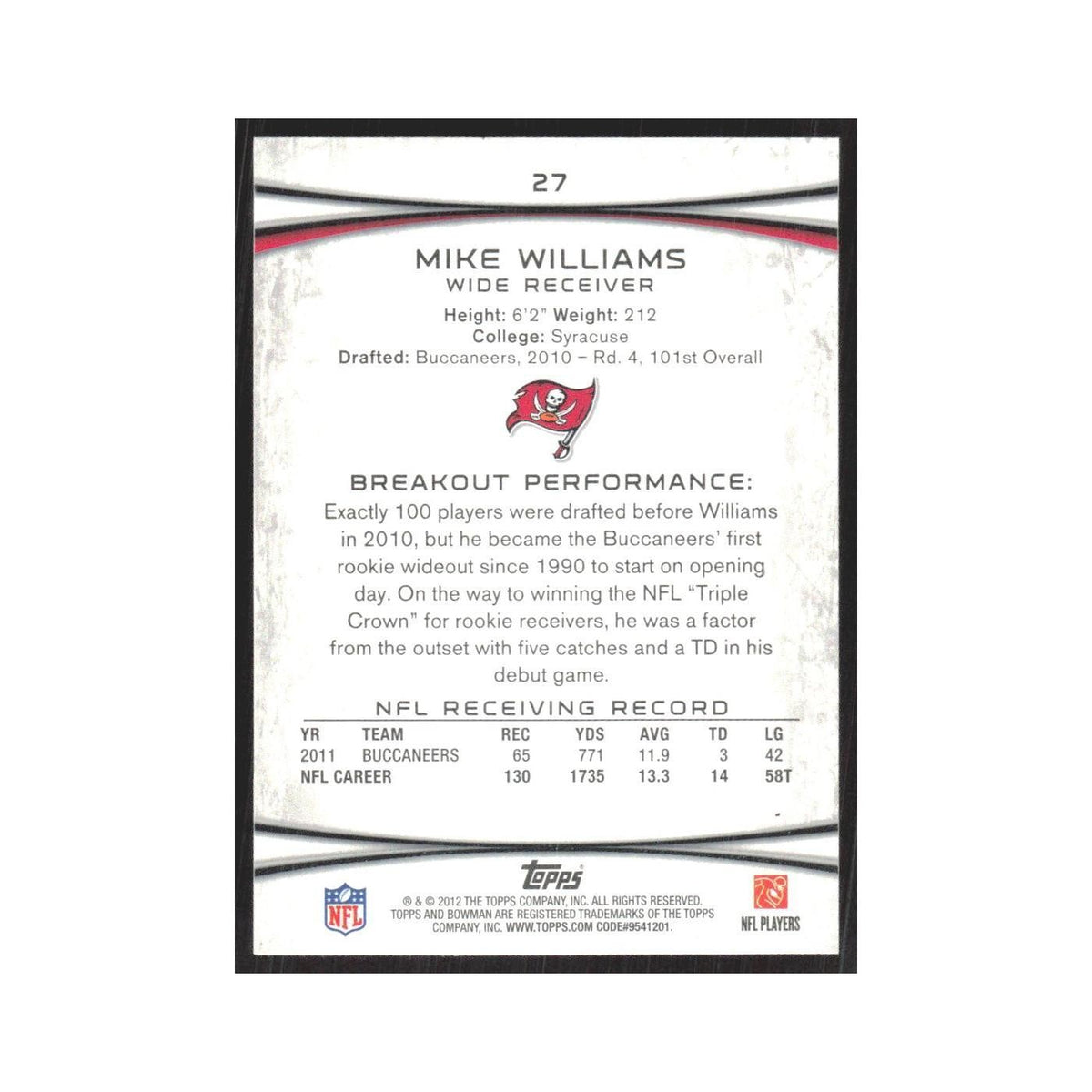 2012 Bowman Mike Williams Buccaneers #27