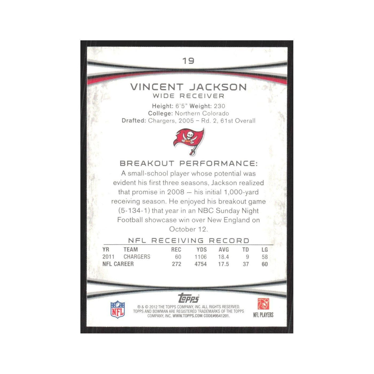 2012 Bowman Vincent Jackson Buccaneers #19
