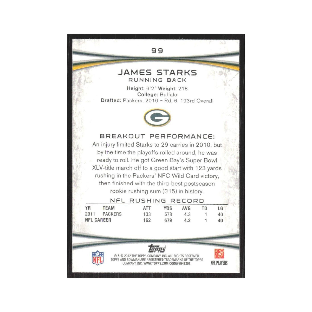 2012 Bowman James Starks Packers #99