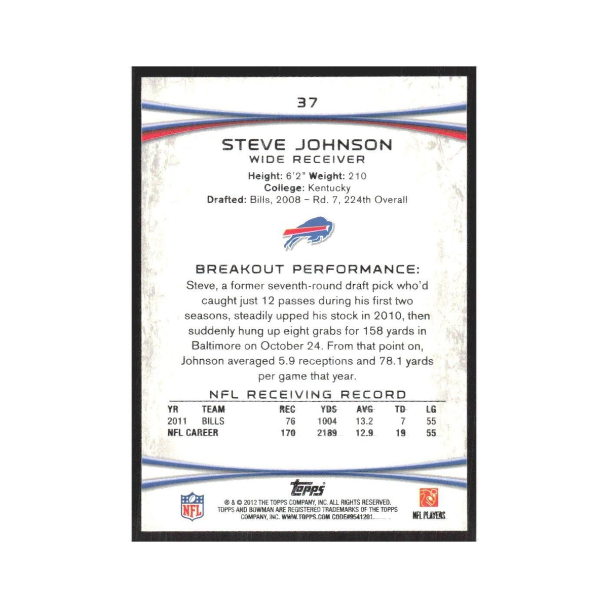 2012 Bowman Steve Johnson Bills #37