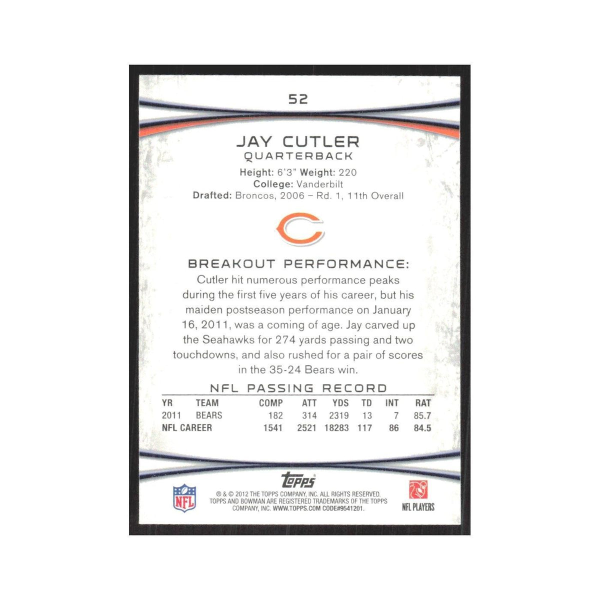 2012 Bowman Jay Cutler Bears #52