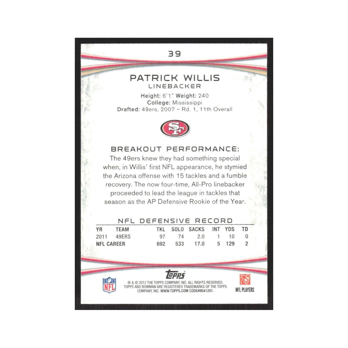 2012 Bowman Patrick Willis 49ers #39