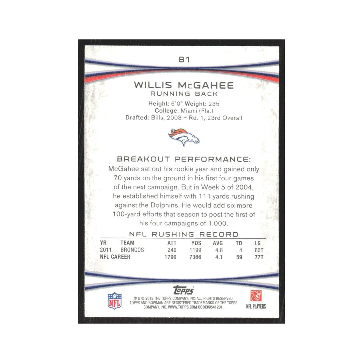 2012 Bowman Willis McGahee Broncos #81