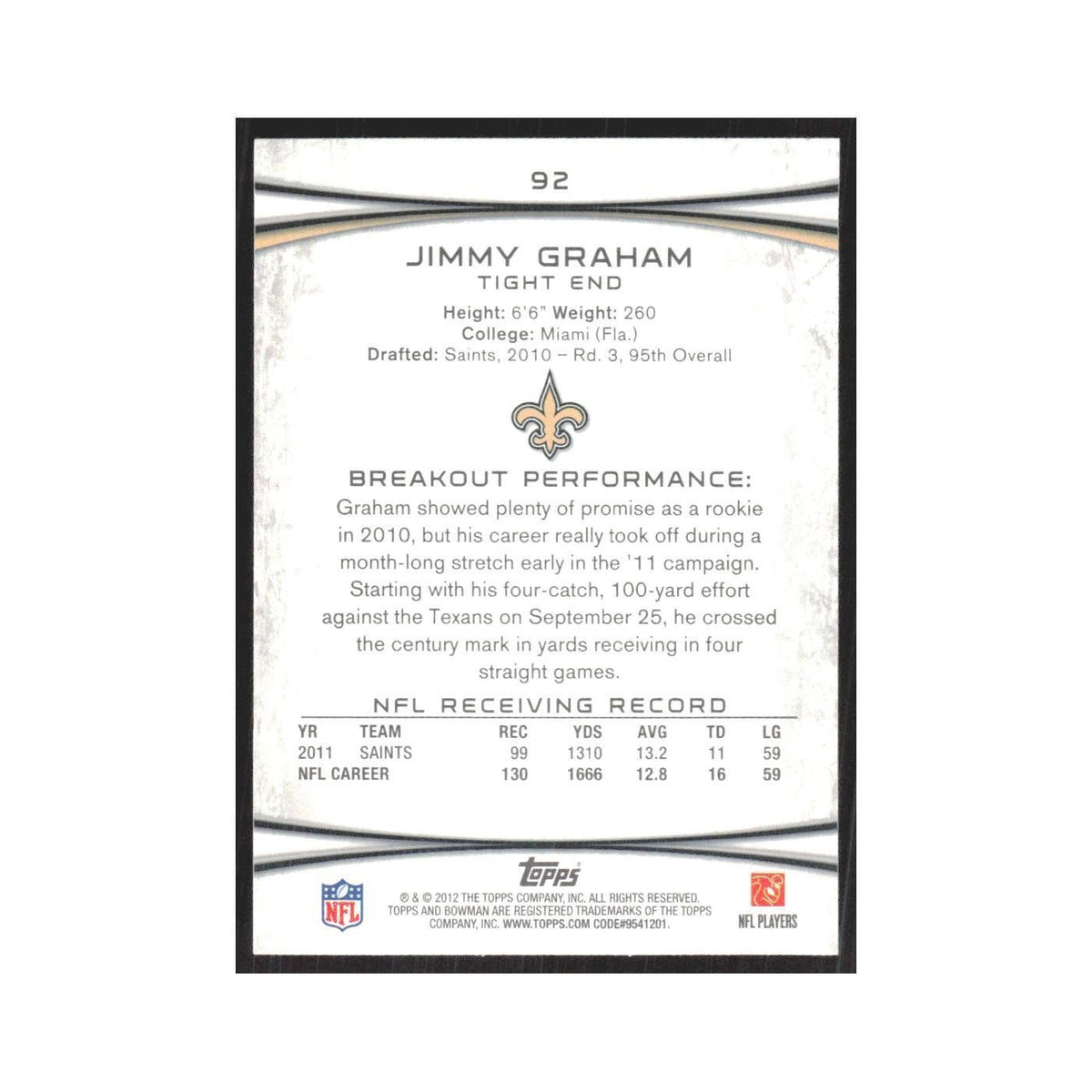 2012 Bowman Jimmy Graham Saints #92