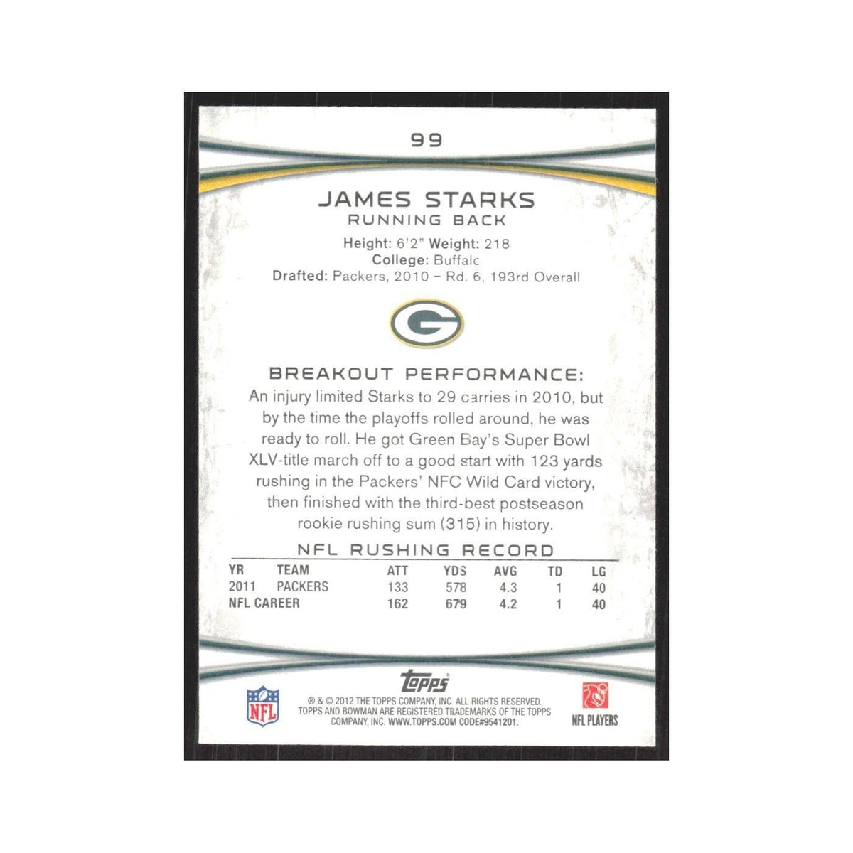 2012 Bowman James Starks Packers #99