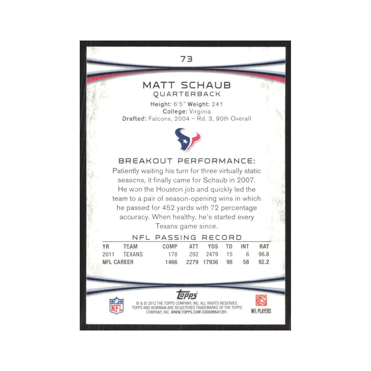 2012 Bowman Matt Schaub Texans #73