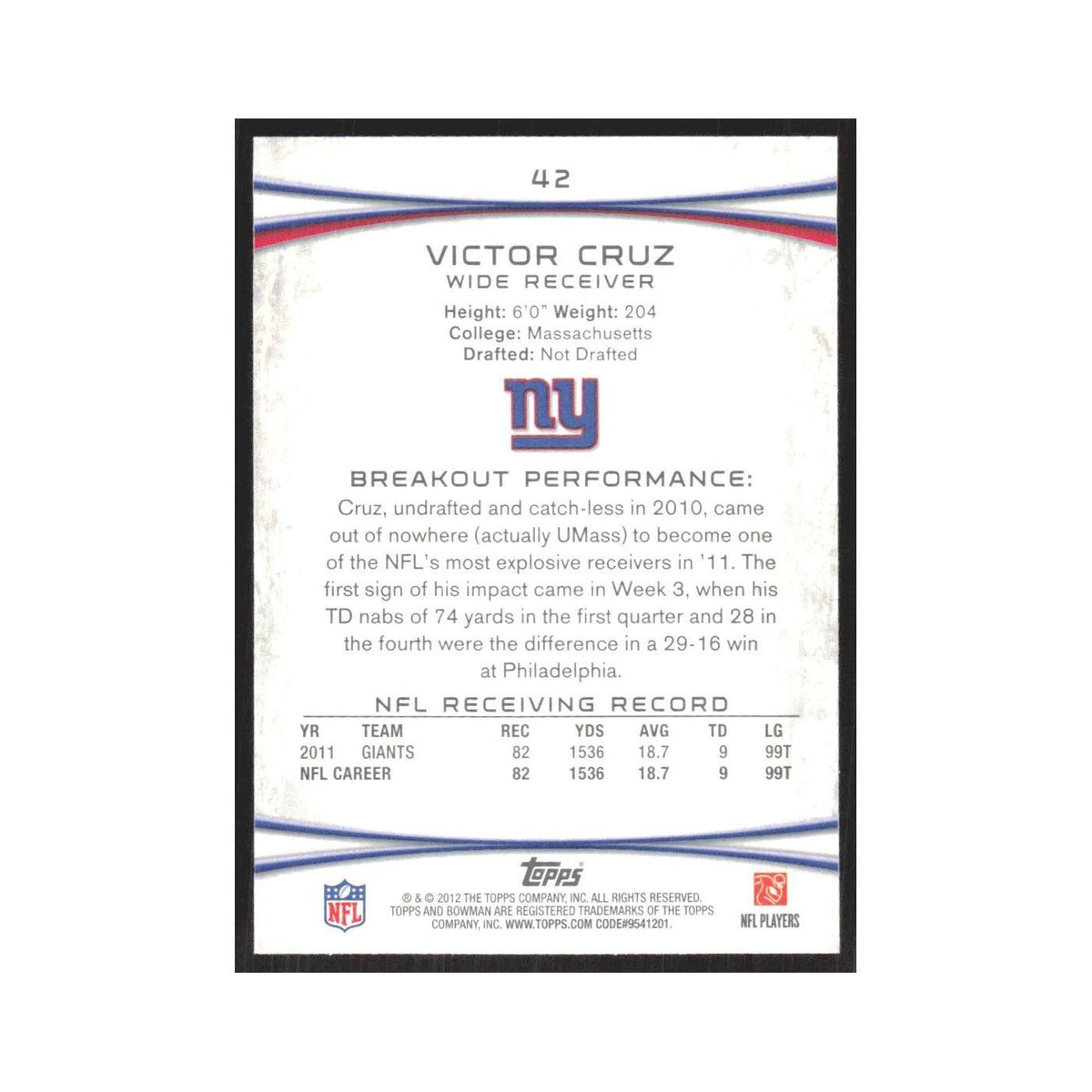 2012 Bowman Victor Cruz Giants #42