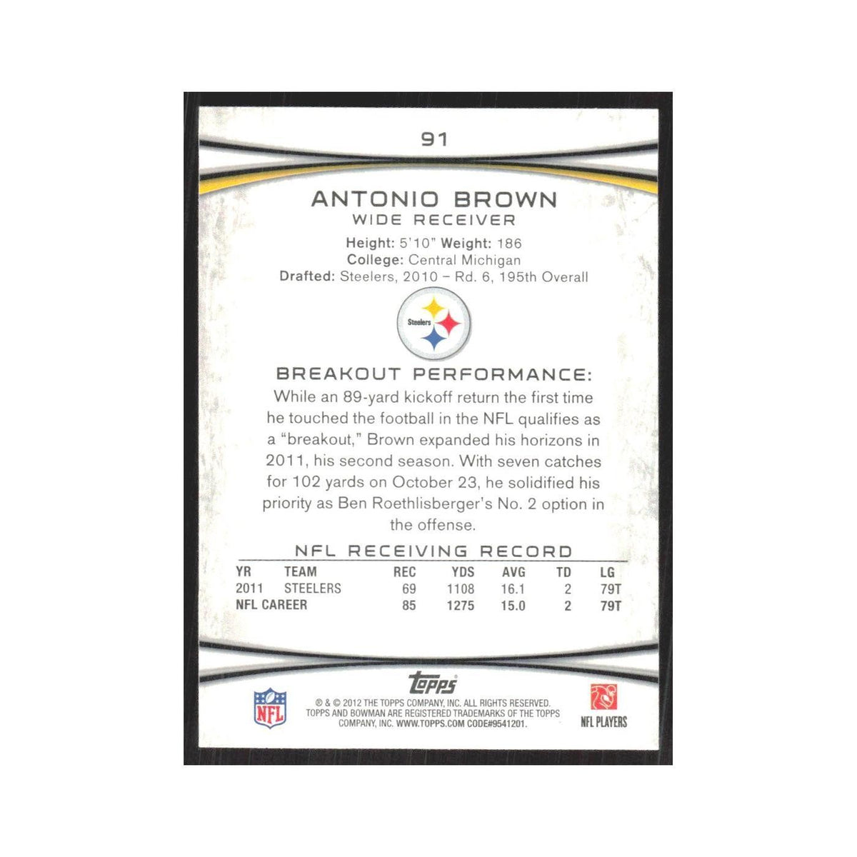 2012 Bowman Antonio Brown Steelers #91