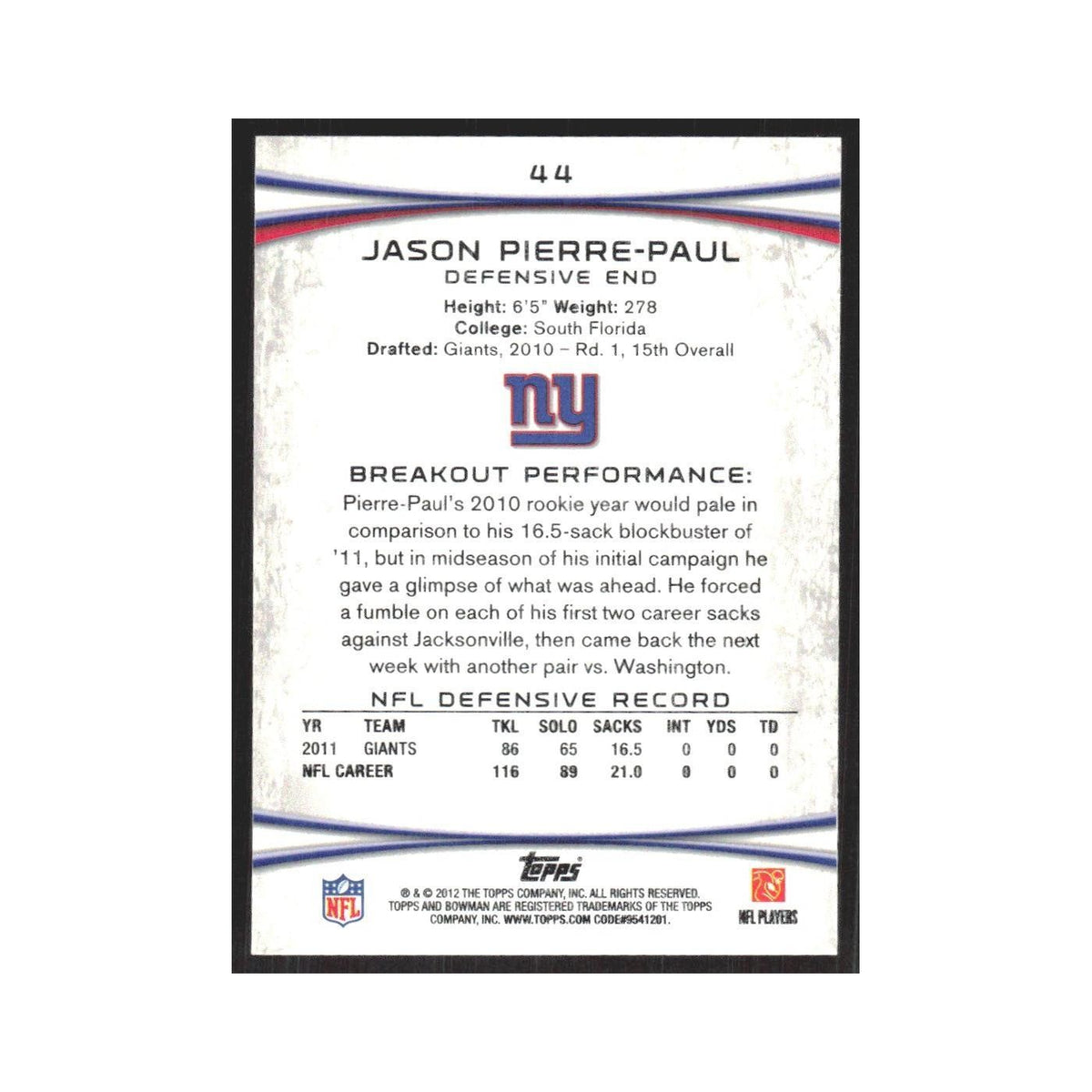 2012 Bowman Jason Pierre-Paul Giants #44