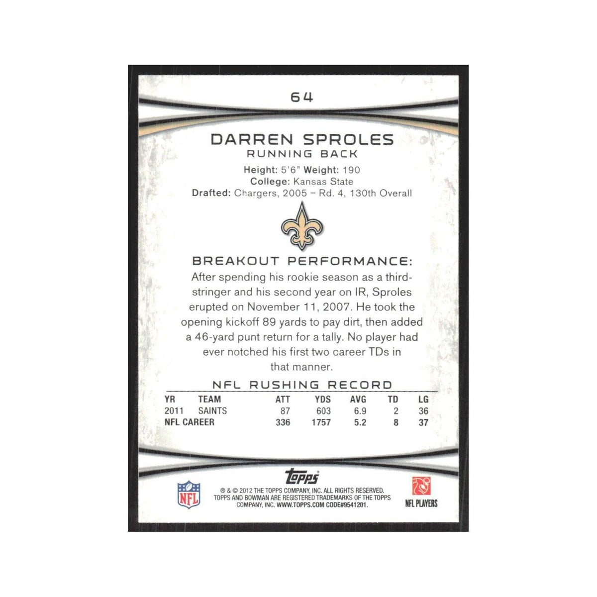 2012 Bowman Darren Sproles Saints #64
