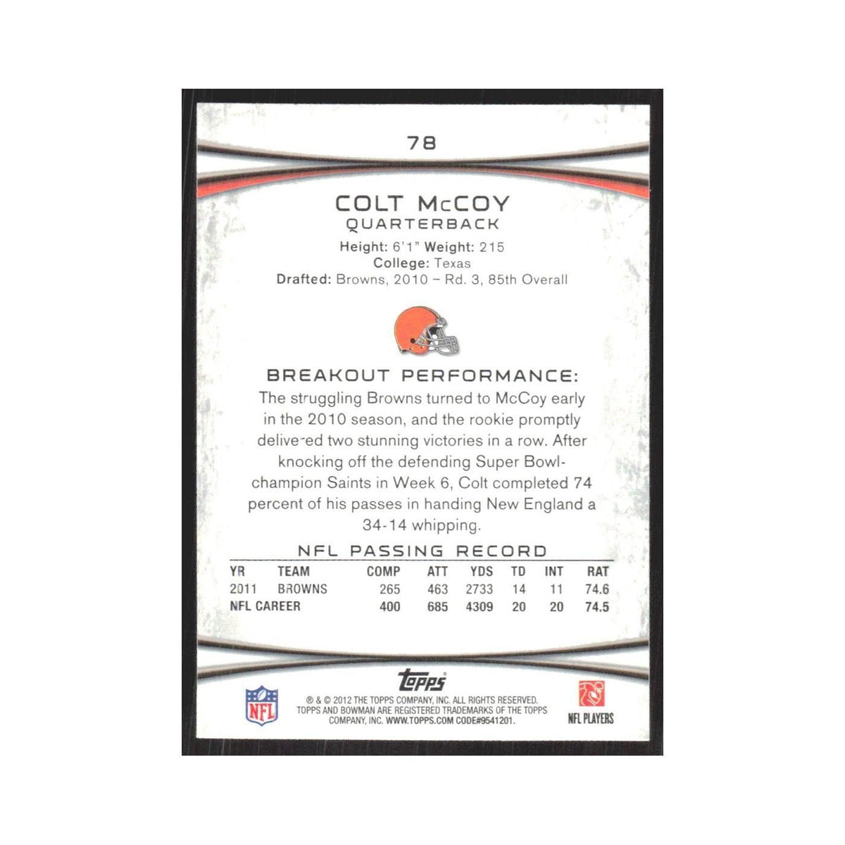 2012 Bowman Colt McCoy Browns #78