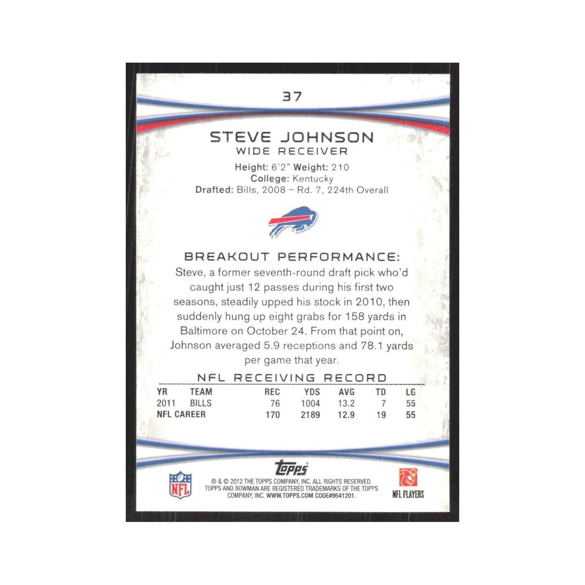 2012 Bowman Steve Johnson Bills #37