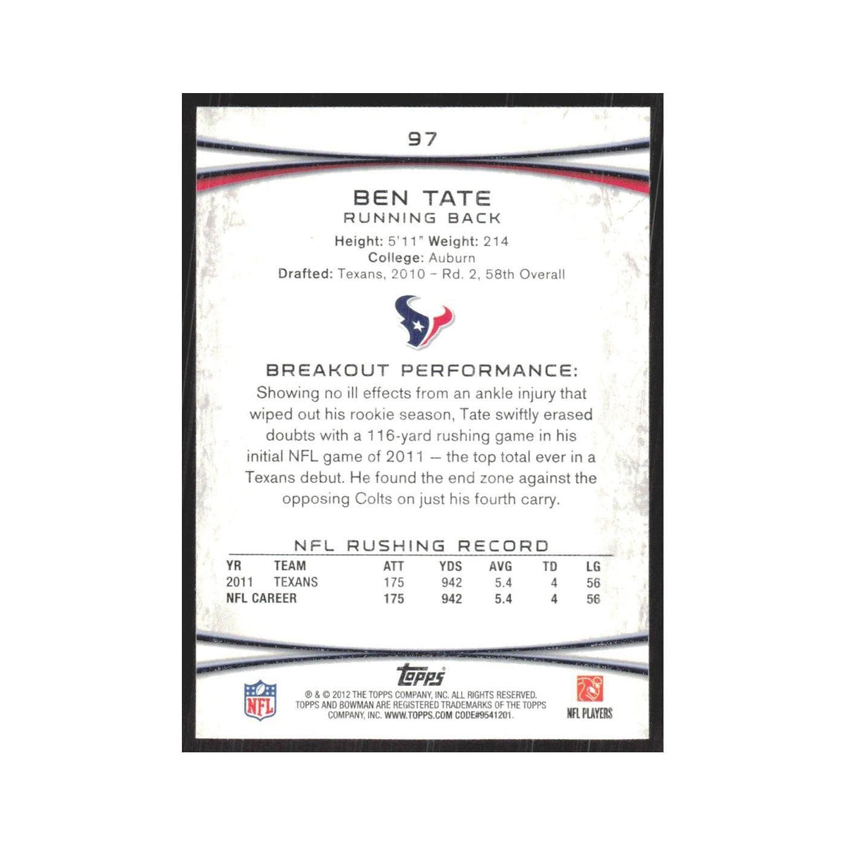 2012 Bowman Ben Tate Texans #97