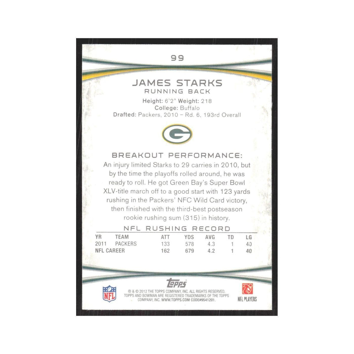 2012 Bowman James Starks Packers #99