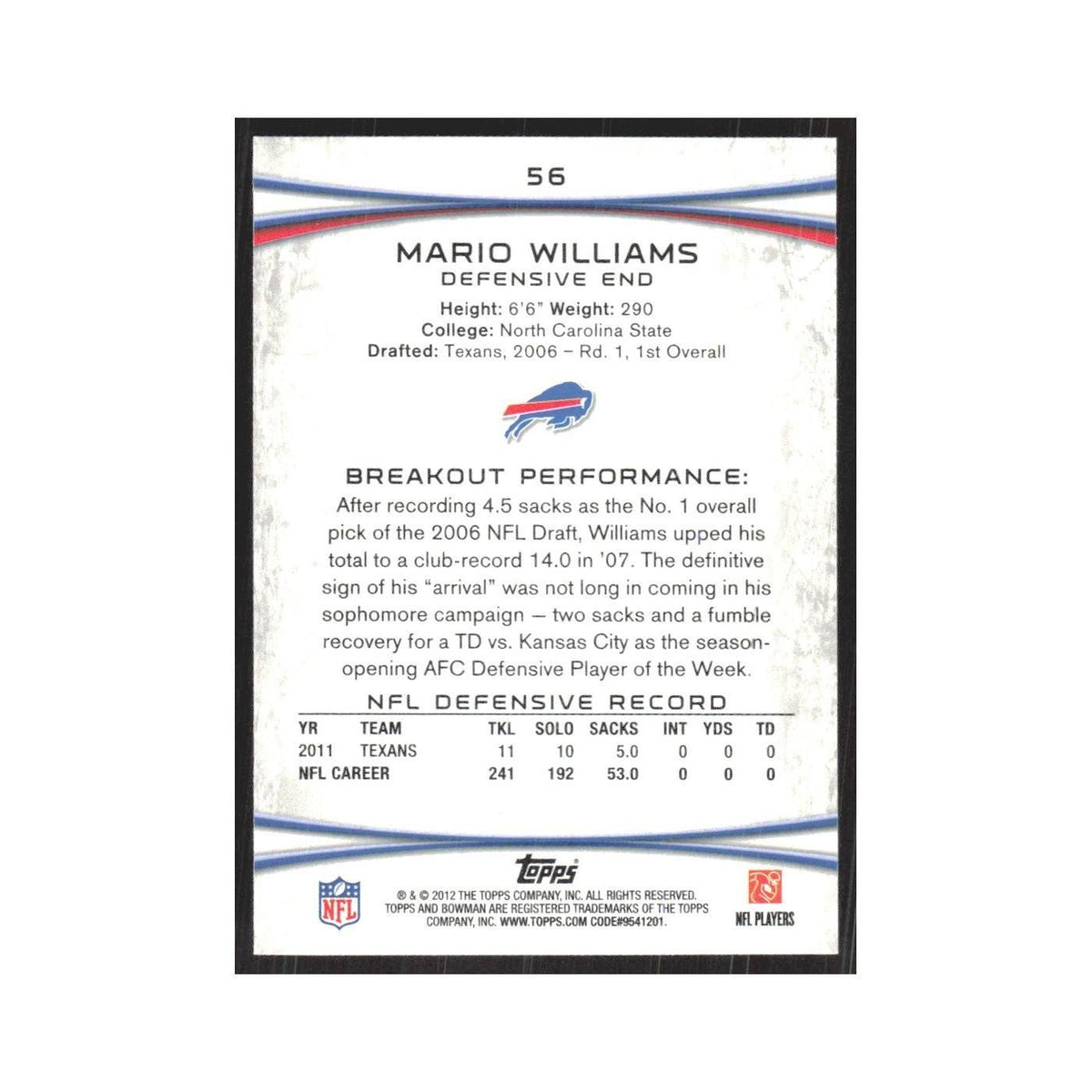 2012 Bowman Mario Williams Bills #56