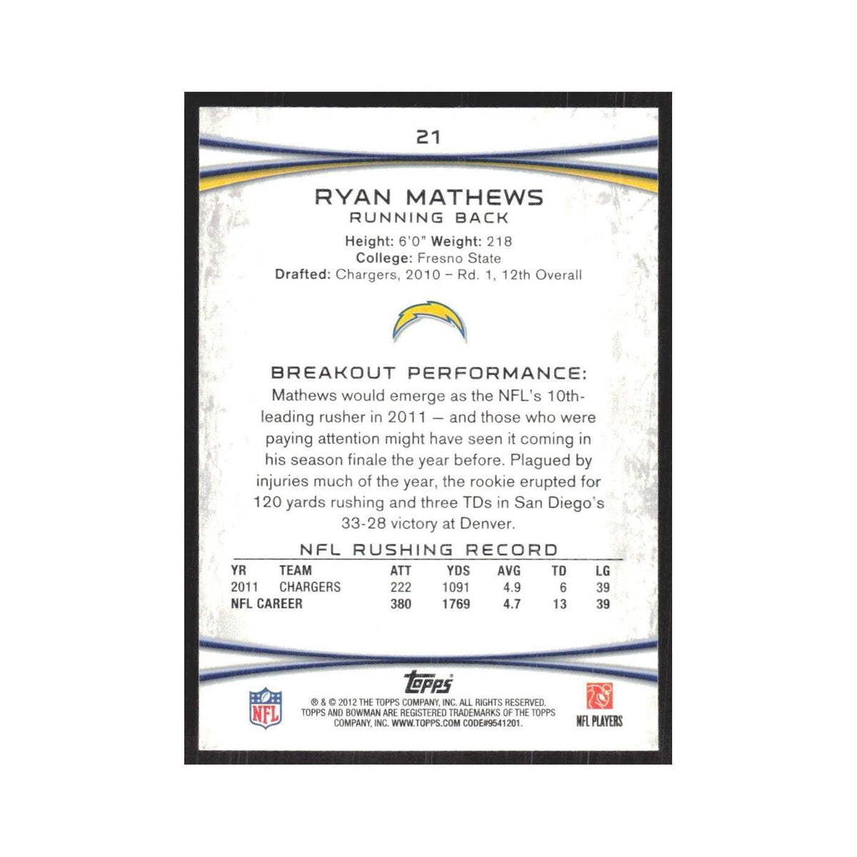 2012 Bowman Ryan Mathews San Diego Chargers #21