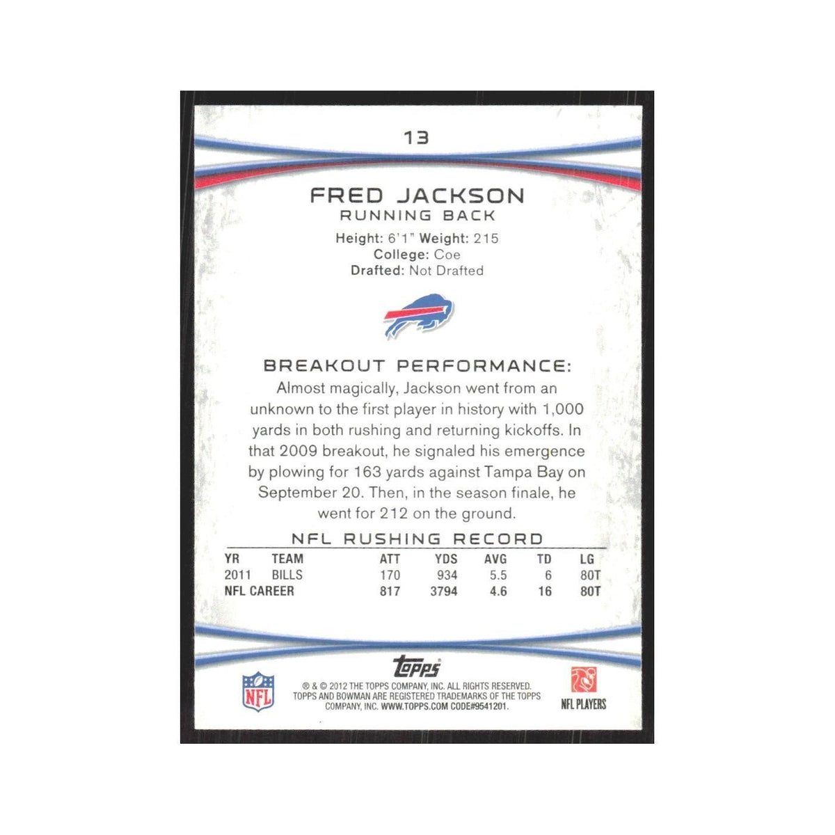 2012 Bowman Fred Jackson Bills #13