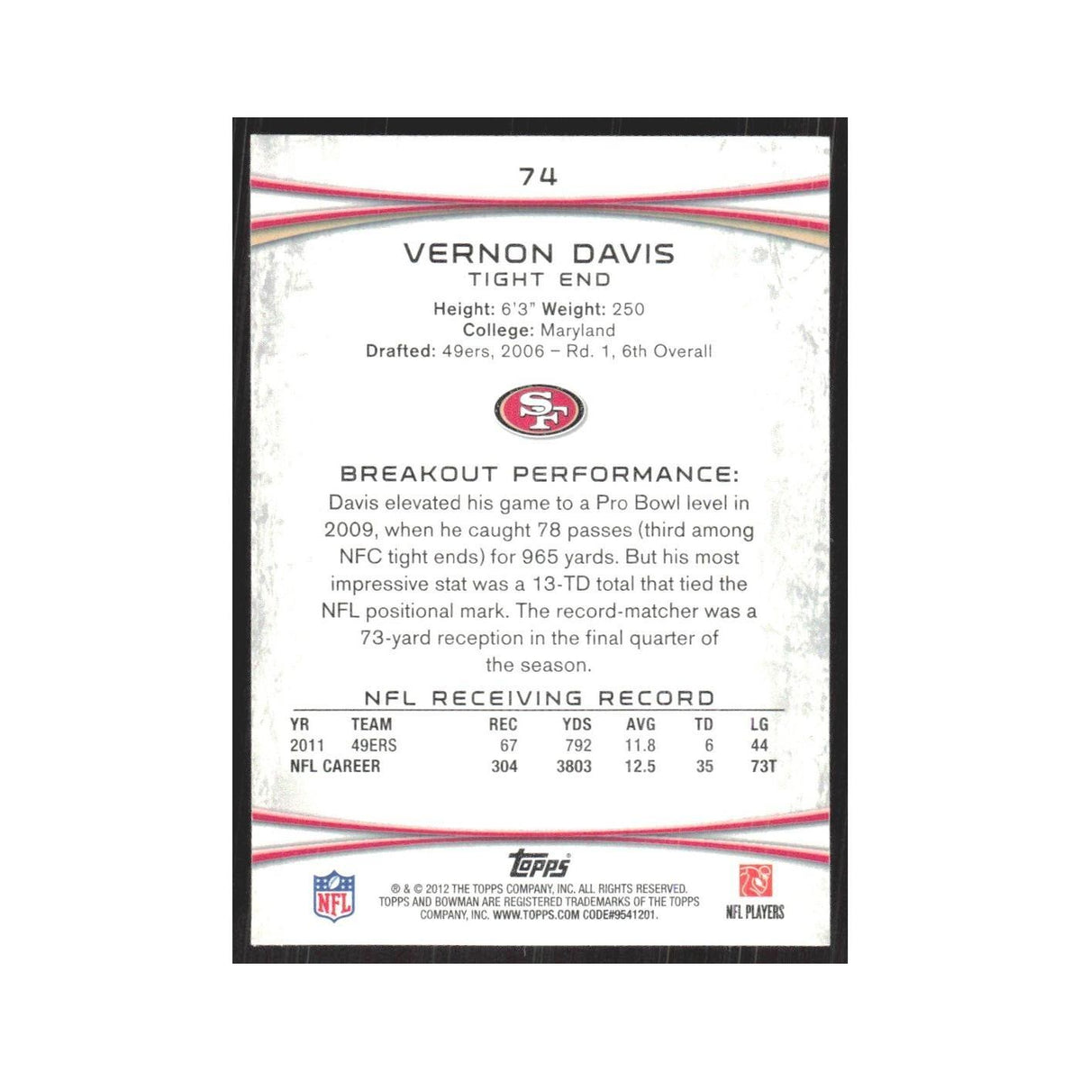 2012 Bowman Vernon Davis 49ers #74