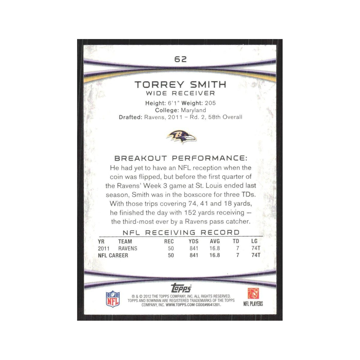 2012 Bowman Torrey Smith Ravens #62