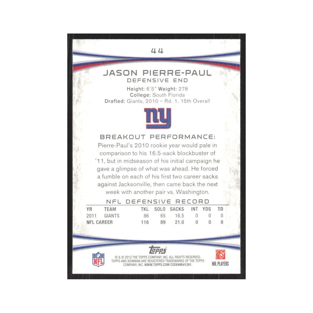 2012 Bowman Jason Pierre-Paul Giants #44