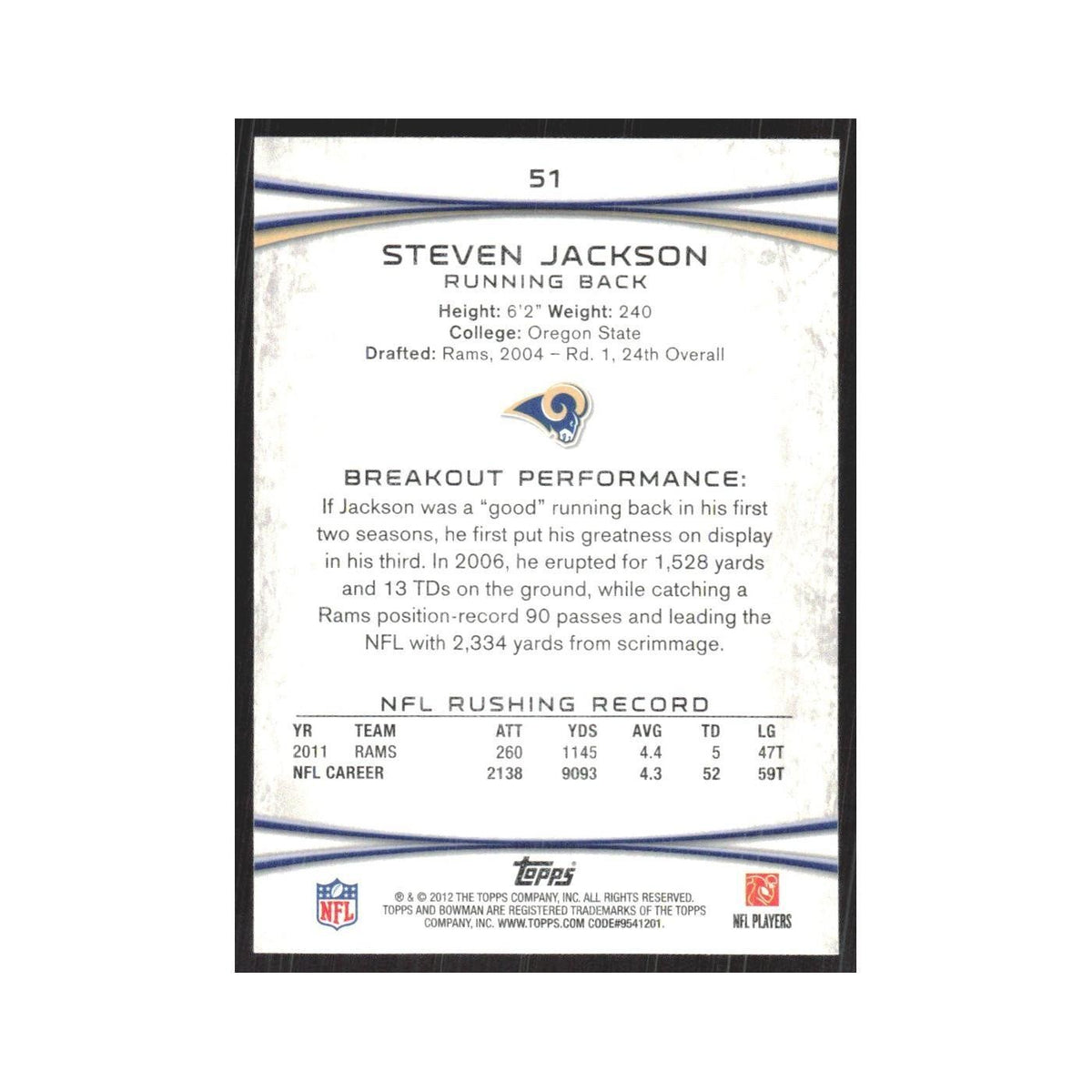 2012 Bowman Steven Jackson St. Louis Rams #51