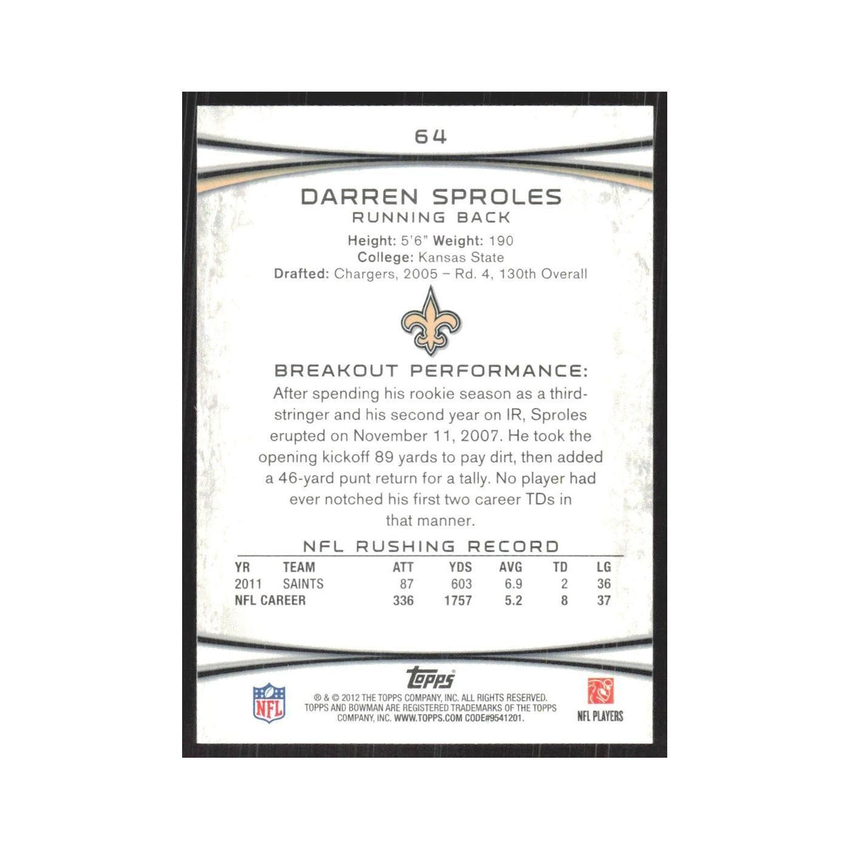 2012 Bowman Darren Sproles Saints #64