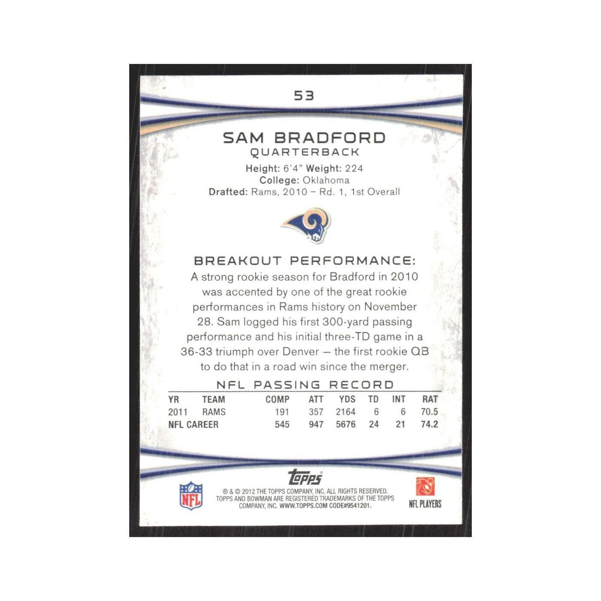 2012 Bowman Sam Bradford St. Louis Rams #53