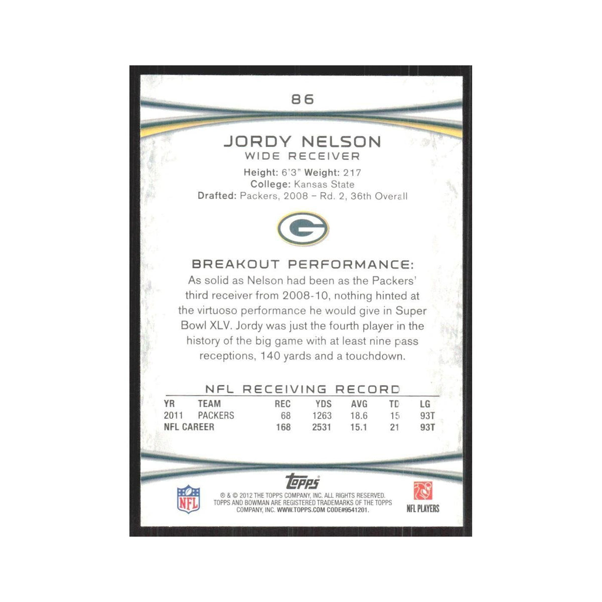 2012 Bowman Jordy Nelson Packers #86