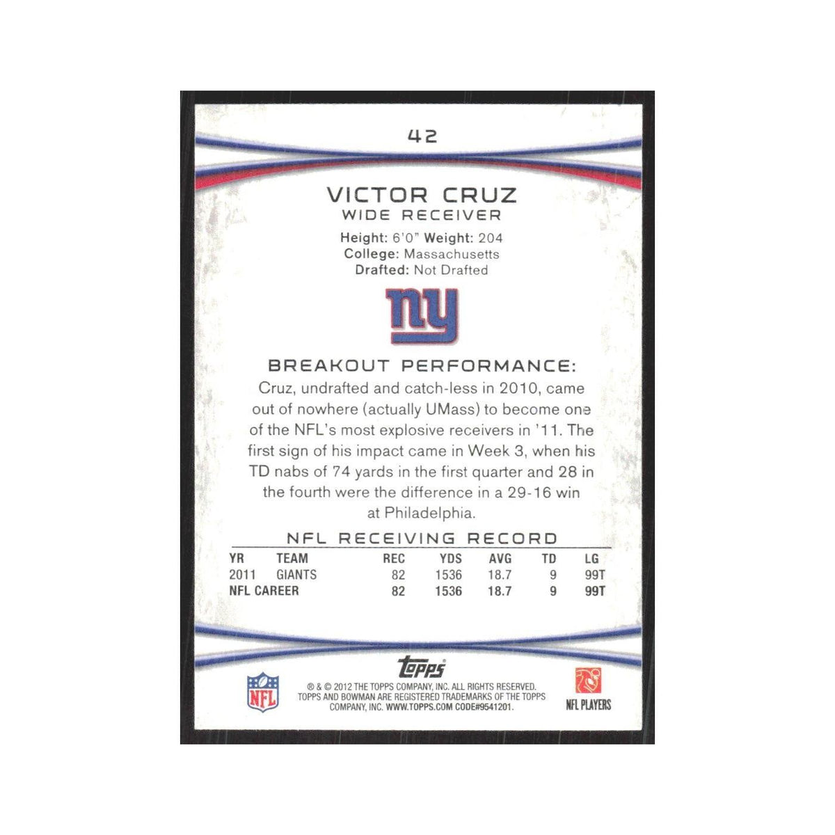 2012 Bowman Victor Cruz Giants #42