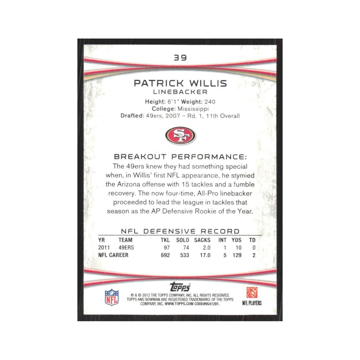2012 Bowman Patrick Willis 49ers #39
