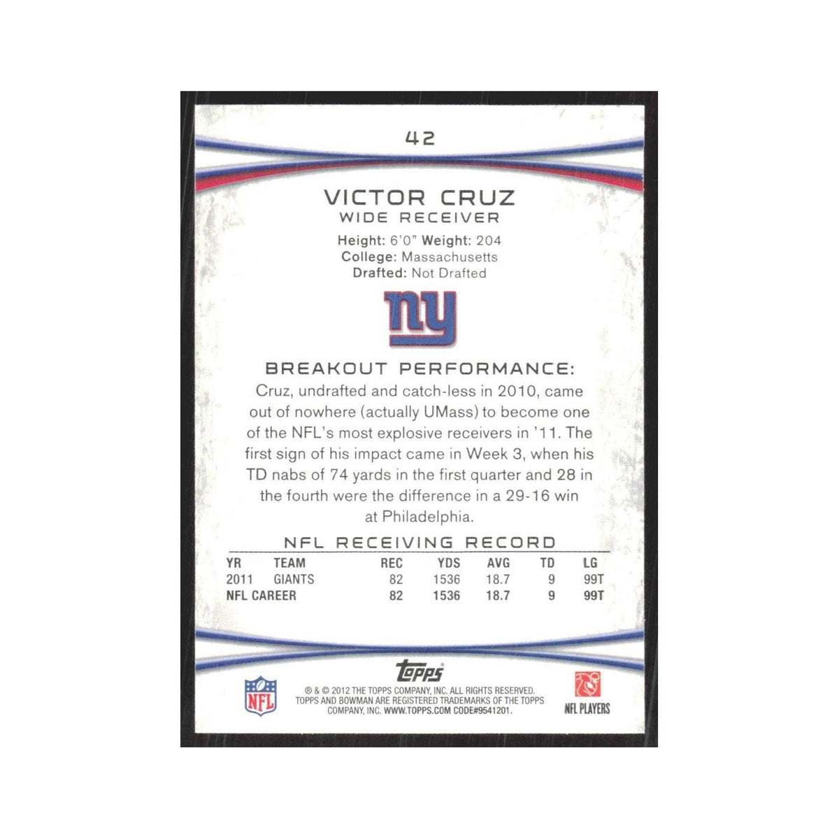 2012 Bowman Victor Cruz Giants #42