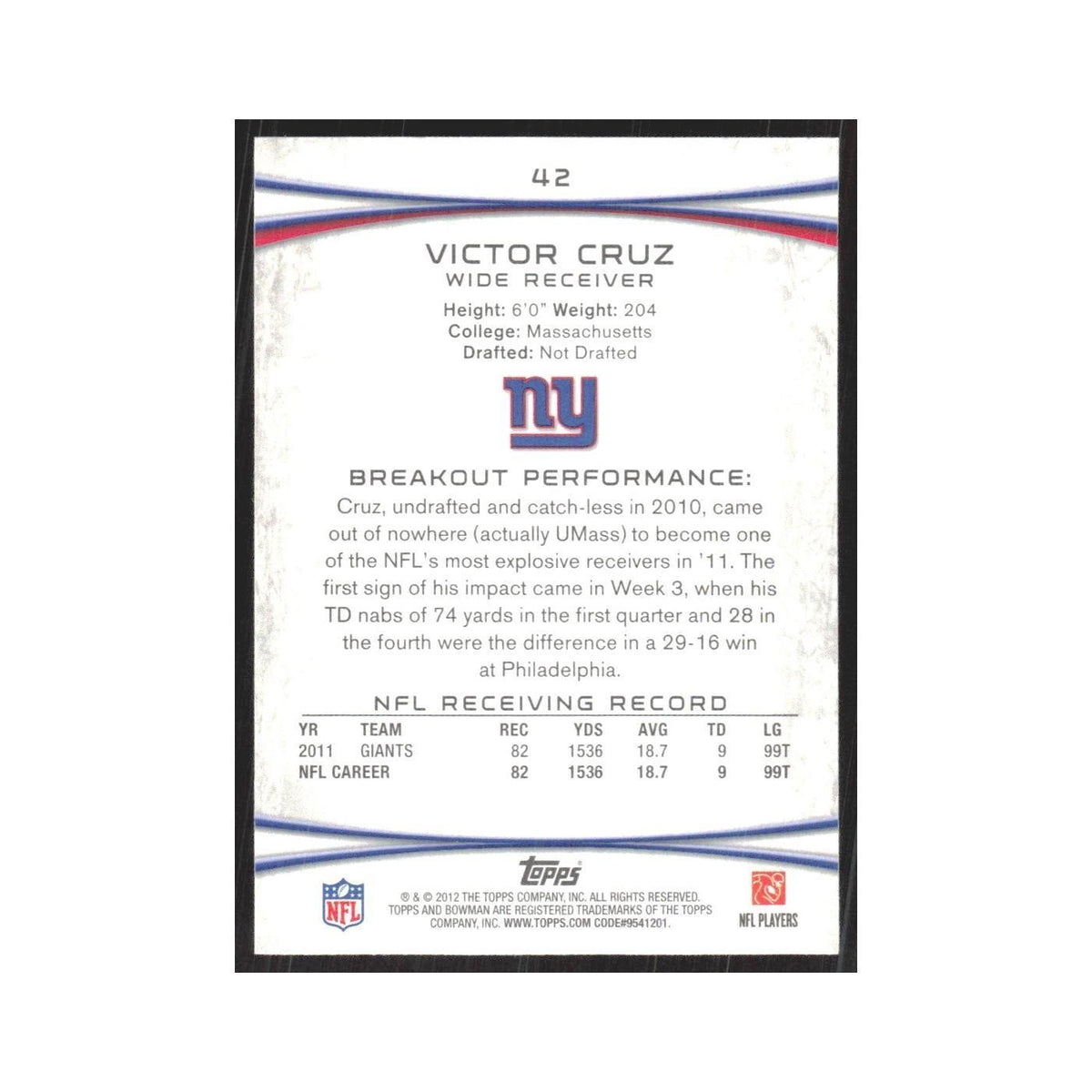 2012 Bowman Victor Cruz Giants #42