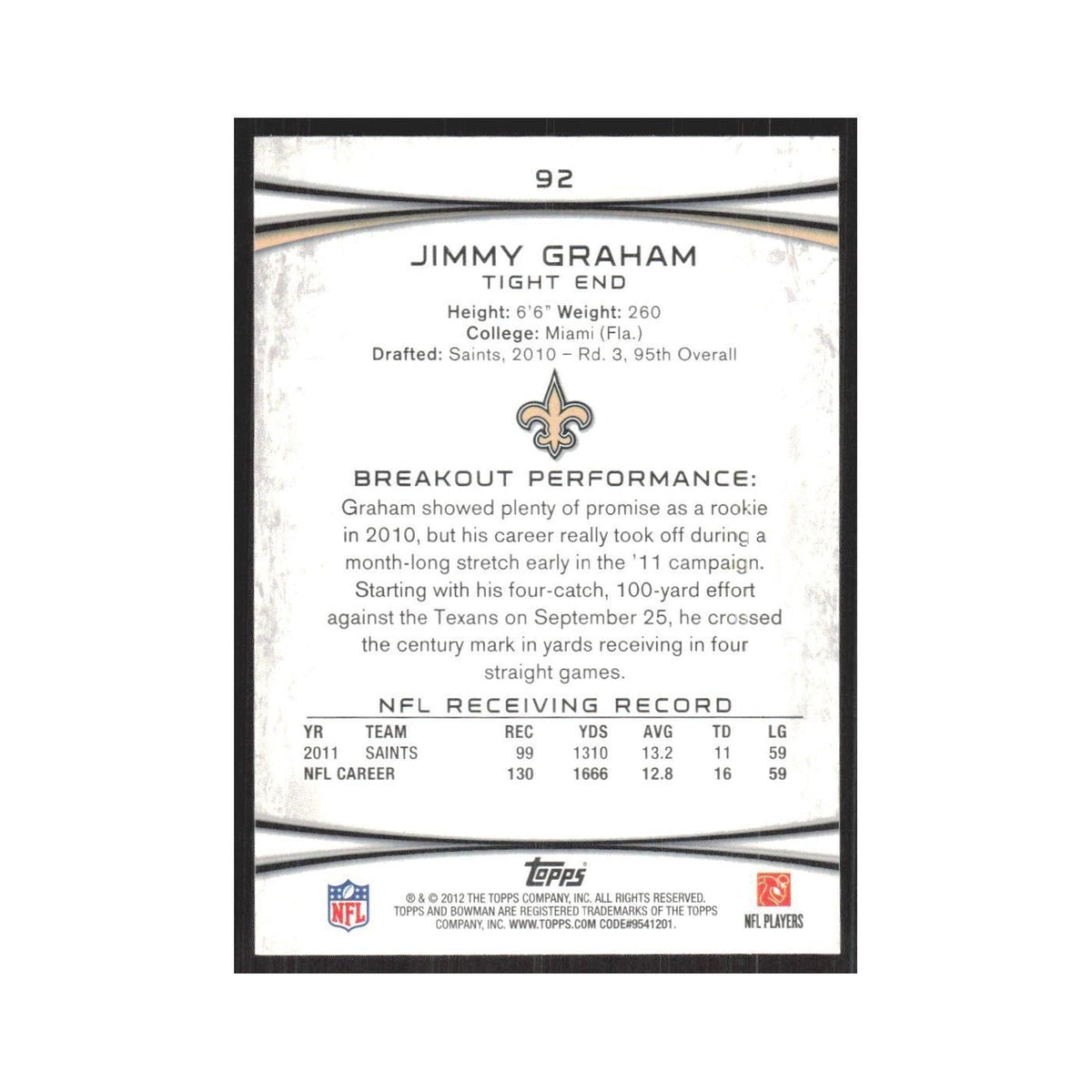 2012 Bowman Jimmy Graham Saints #92