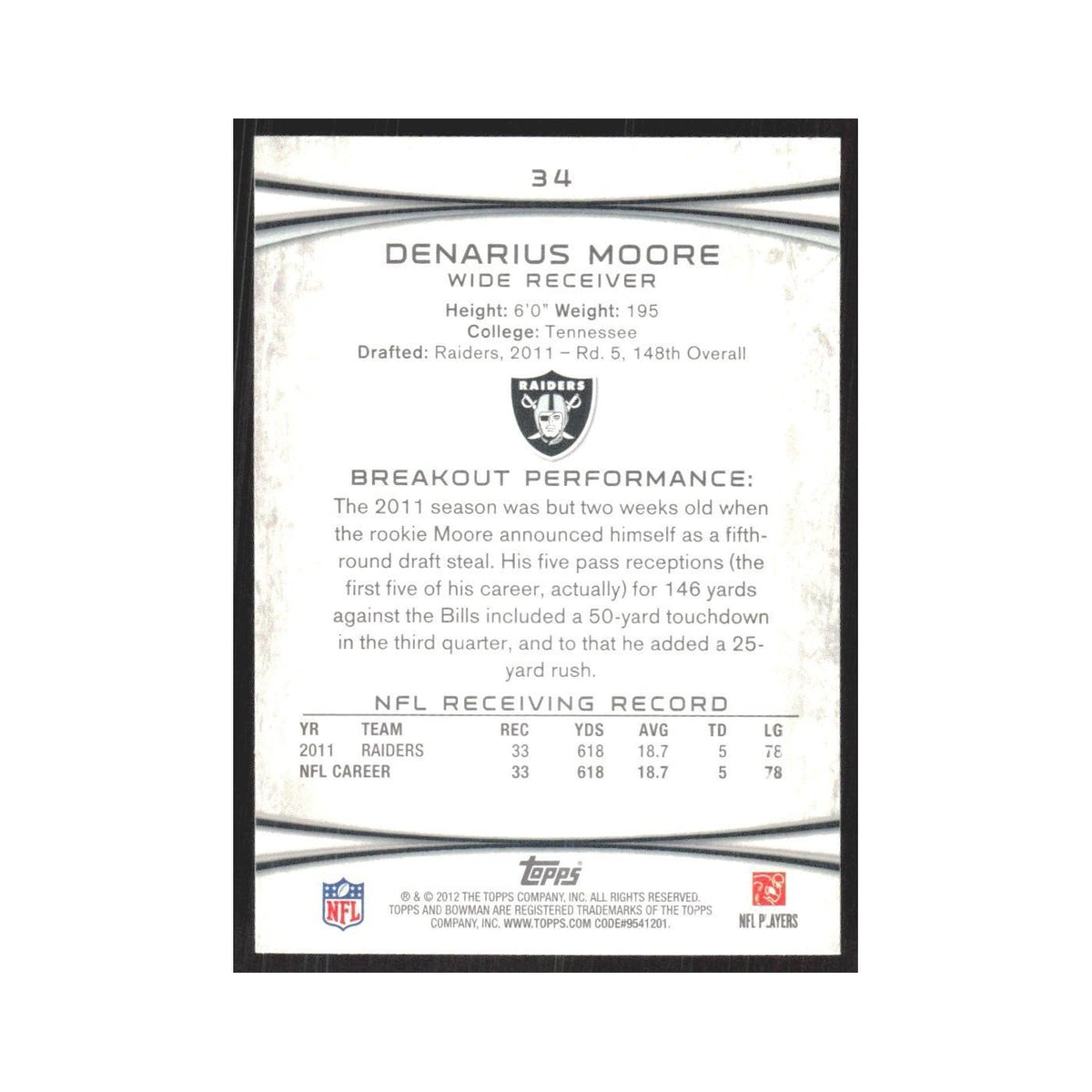 2012 Bowman Denarius Moore Raiders #34