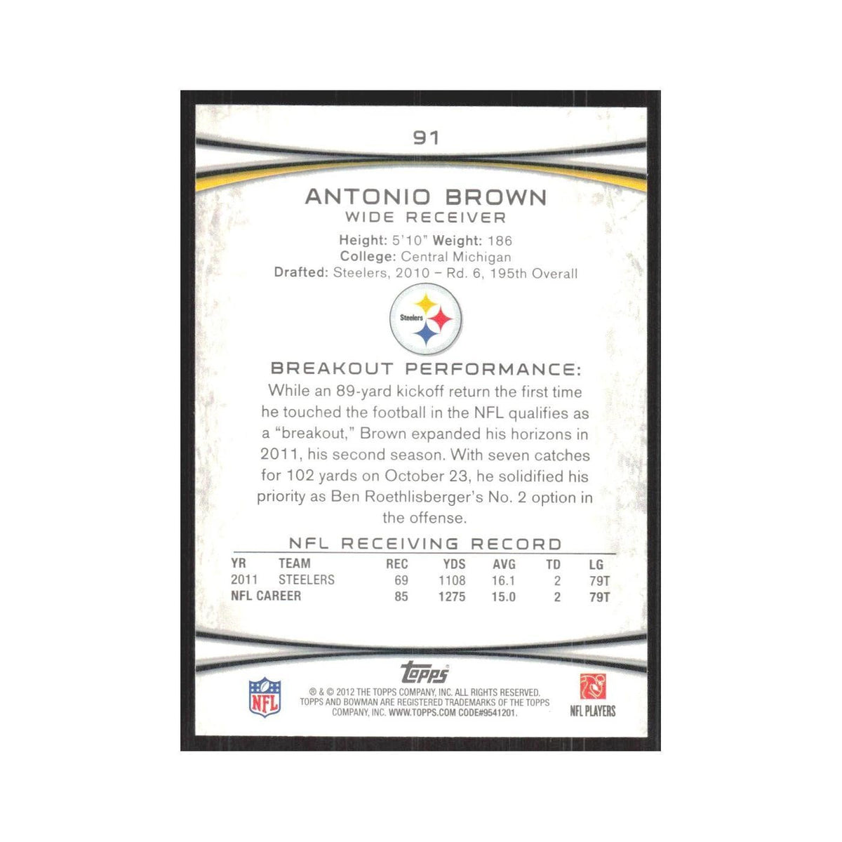 2012 Bowman Antonio Brown Steelers #91