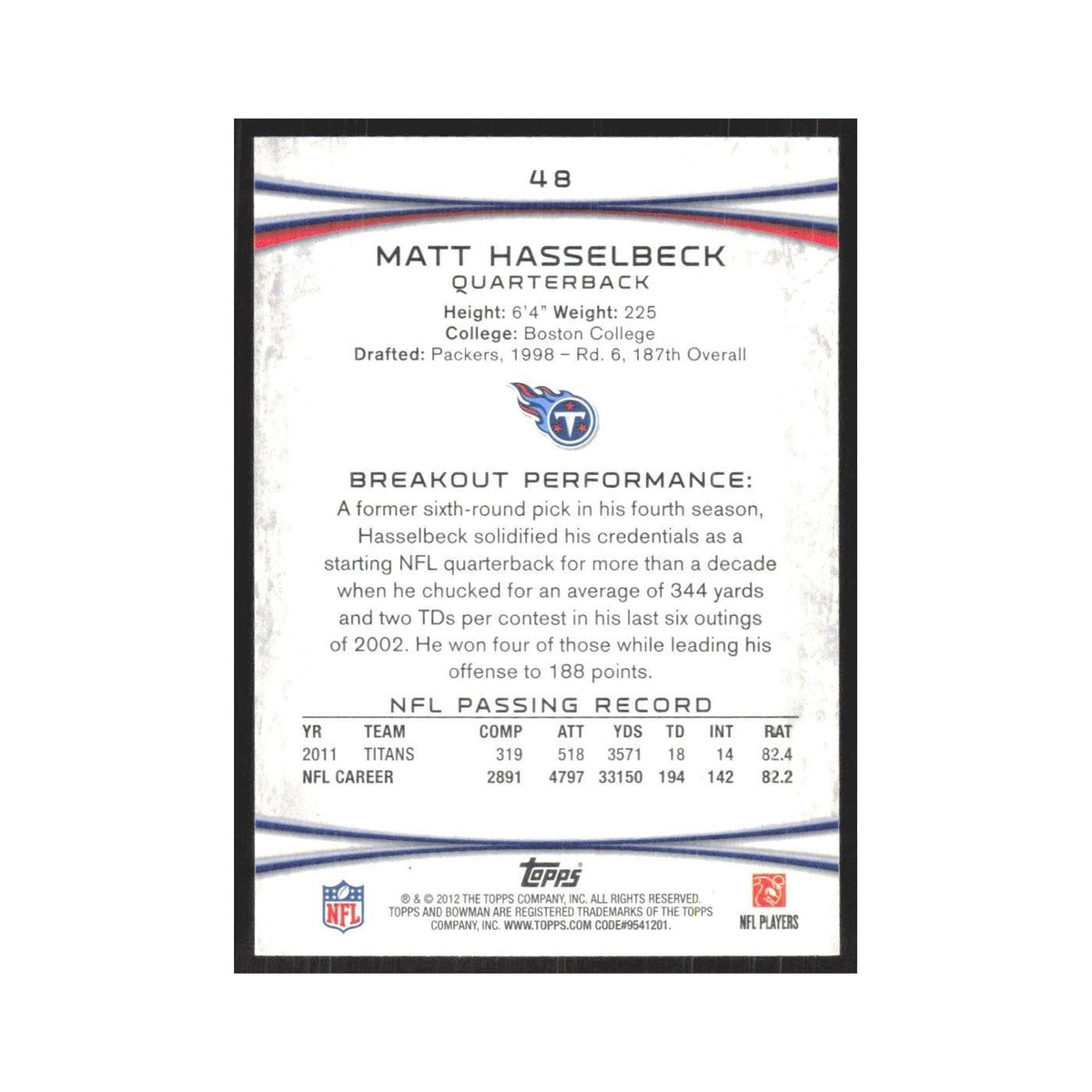 2012 Bowman Matt Hasselbeck Titans #48