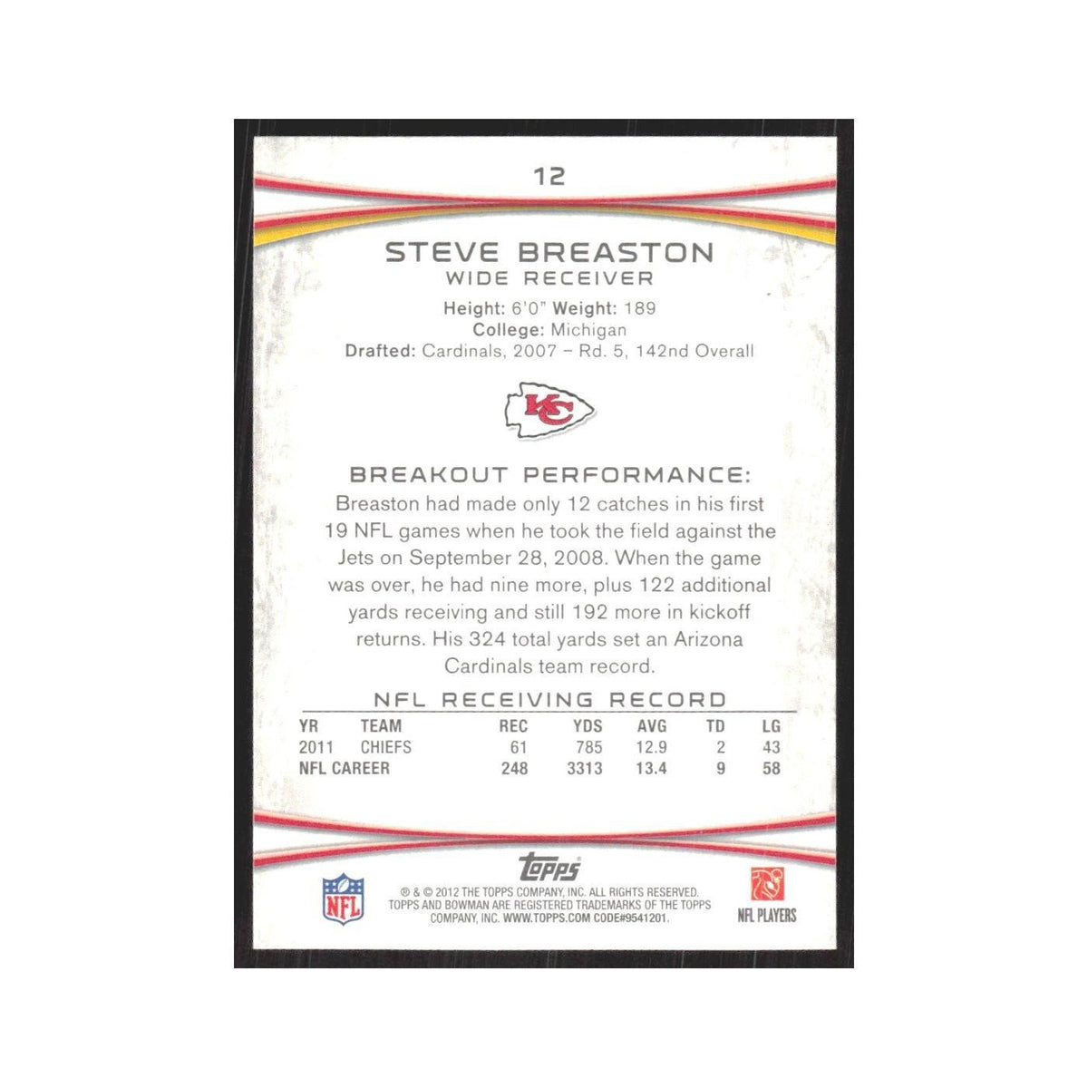 2012 Bowman Steve Breaston Chiefs #12