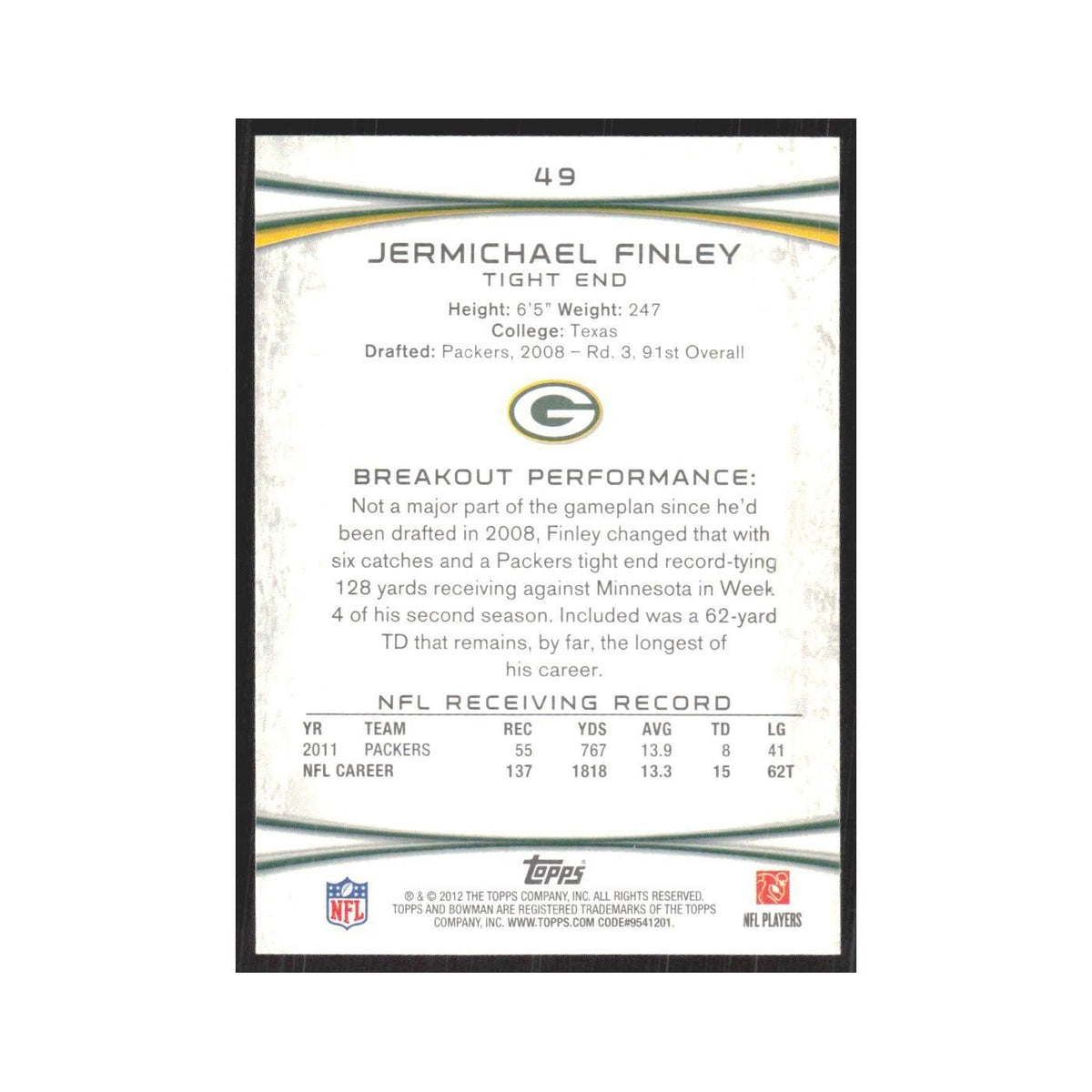 2012 Bowman Jermichael Finley Packers #49