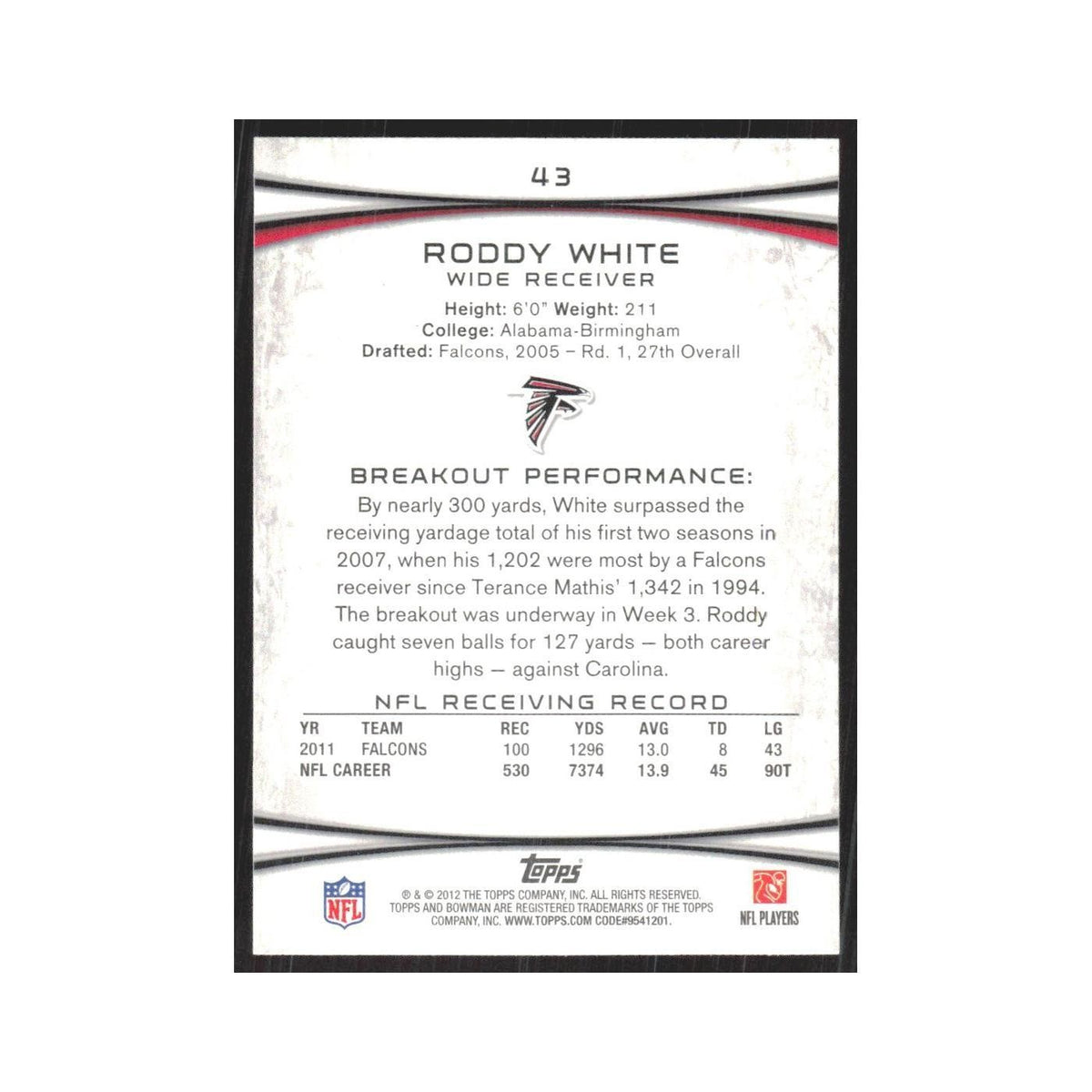 2012 Bowman Roddy White Falcons #43