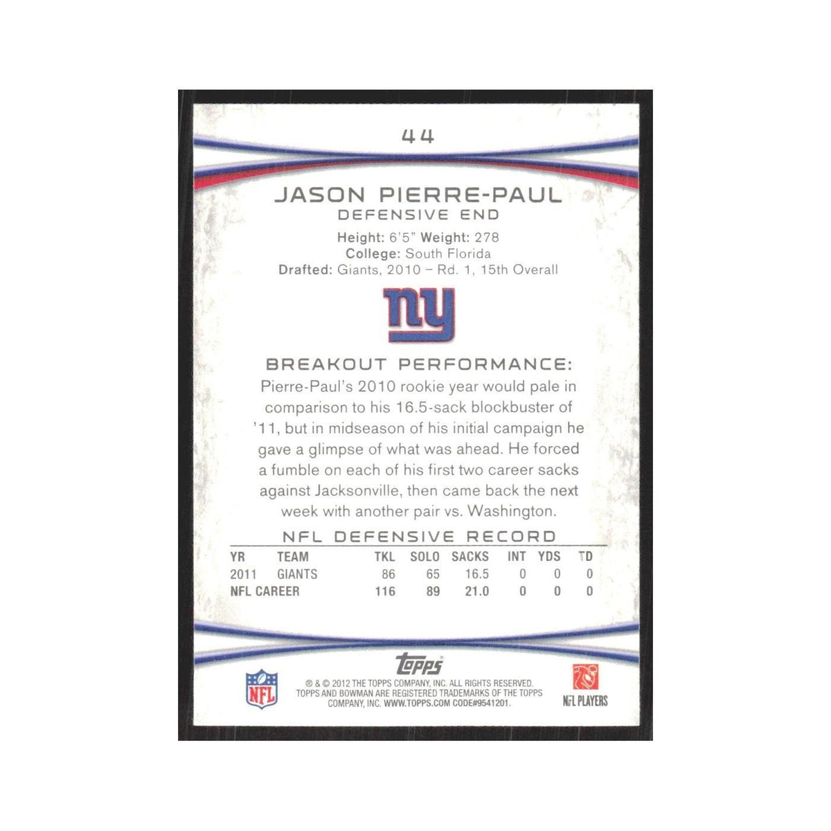 2012 Bowman Jason Pierre-Paul Giants #44