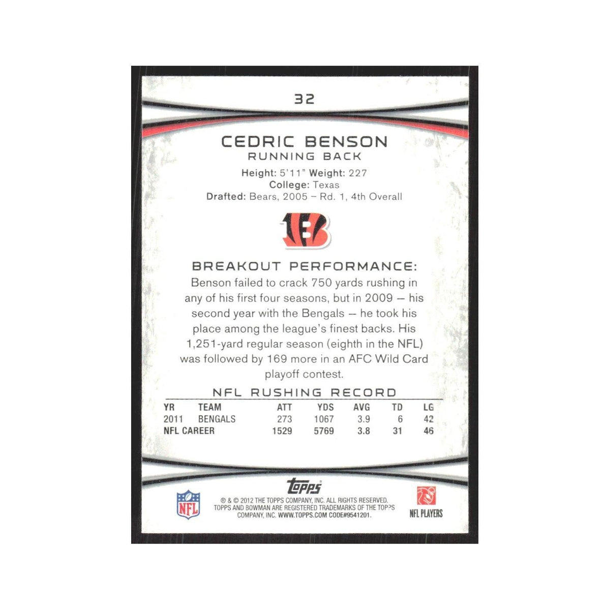 2012 Bowman Cedric Benson Bengals #32