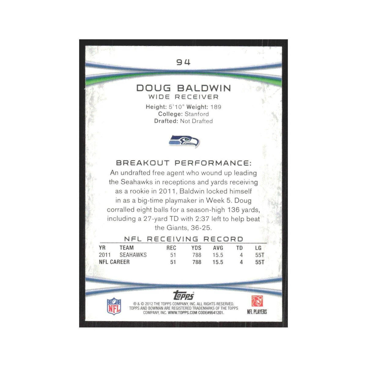 2012 Bowman Doug Baldwin Seahawks #94