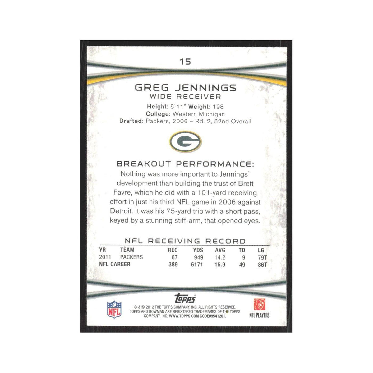 2012 Bowman Greg Jennings Packers #15